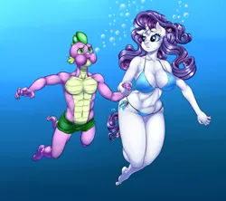 Size: 900x800 | Tagged: suggestive, artist:pia-sama, derpibooru import, rarity, spike, anthro, dragon, plantigrade anthro, abs, absolute cleavage, age difference, armpits, barefoot, belly button, big breasts, bikini, breasts, bubble, busty rarity, cleavage, clothes, curvy, drowning, duo, feet, female, gradient background, holding breath, holding hands, male, muscles, puffy cheeks, shipping, shorts, size difference, smaller male, sparity, straight, swimming, swimsuit, underwater, wide hips