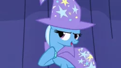 Size: 1920x1080 | Tagged: 16:9, 1920x1080, boast busters, cape, clothes, curtain, derpibooru import, edit, hat, low quality, safe, screencap, seductive look, solo, trixie, wallpaper