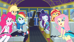 Size: 640x360 | Tagged: safe, derpibooru import, edit, edited screencap, screencap, applejack, fluttershy, pinkie pie, rainbow dash, rarity, sci-twi, sunset shimmer, twilight sparkle, dance magic, equestria girls, equestria girls series, road trippin, spoiler:eqg specials, animated, bus, clothes, converse, cropped, driving, gif, high heels, legs, pedal, pictures of legs, platform shoes, seatbelt, shoes, sneakers, tour bus