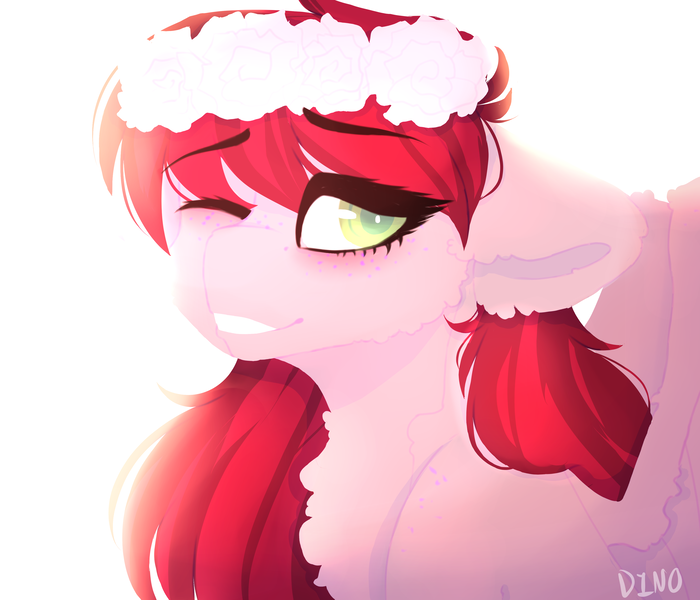 Size: 3500x3000 | Tagged: safe, artist:dino_horse, deleted from derpibooru, derpibooru import, oc, oc:roserade, unofficial characters only, pegasus, pony, blushing, bust, chest fluff, cute, female, floral head wreath, flower, flower in hair, freckles, mare, one eye closed, simple background, solo, white background, wink