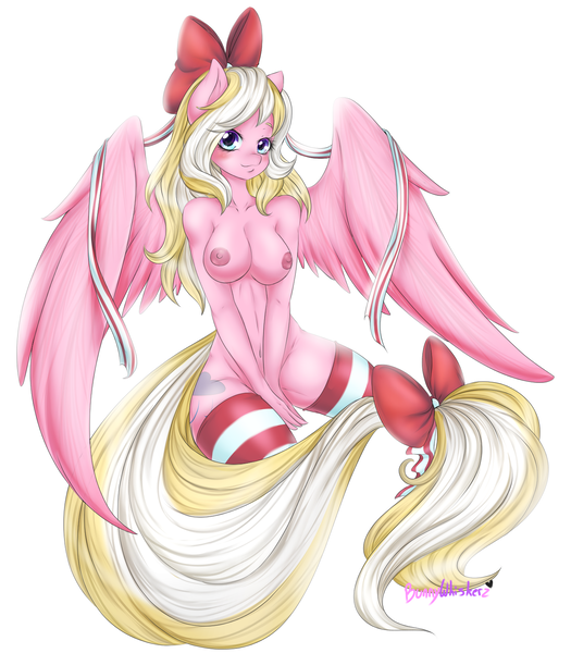 Size: 1368x1563 | Tagged: anthro, anthro oc, artist:bunnywhiskerz, blushing, bow, breasts, clothes, covering, derpibooru import, female, hair bow, looking at you, mare, nipples, nudity, oc, oc:bay breeze, pegasus, questionable, simple background, smiling, socks, solo, solo female, stockings, striped socks, thigh highs, unofficial characters only, white background