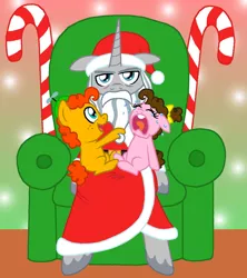 Size: 750x844 | Tagged: artist:crazynutbob, bow, bucktooth, candy, candy cane, chair, christmas, clothes, colt, costume, crying, derpibooru import, female, filly, floppy ears, food, freckles, grabbing beard, gradient background, grumpy, hair bow, hat, hearth's warming, holiday, male, oc, oc:fudge fondue, oc:pizza pockets, offspring, parent:cheese sandwich, parent:pinkie pie, parents:cheesepie, propeller hat, safe, santa costume, santa hat, shadow play, star swirl the bearded, twins, unamused