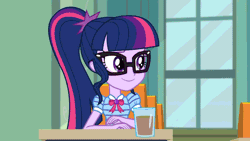 Size: 960x540 | Tagged: safe, derpibooru import, edit, edited screencap, screencap, sci-twi, twilight sparkle, equestria girls, equestria girls series, the finals countdown, animated, caption, chocolate, chocolate milk, everything is ruined, exploitable meme, gif, image macro, meme, milk, pure unfiltered evil, solo, spilled milk, text