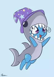 Size: 519x740 | Tagged: safe, artist:alasou, deleted from derpibooru, derpibooru import, trixie, pony, shark, unicorn, blue background, clothes, costume, cute, diatrixes, female, hat, mare, open mouth, shark costume, sharxie, simple background, smiling, solo, trixie's hat