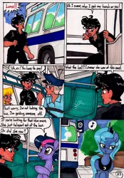 Size: 1378x1982 | Tagged: artist:newyorkx3, bus, comic, comic:young days, derpibooru import, dialogue, human, manehattan, music notes, oc, oc:tommy, princess luna, s1 luna, safe, traditional art