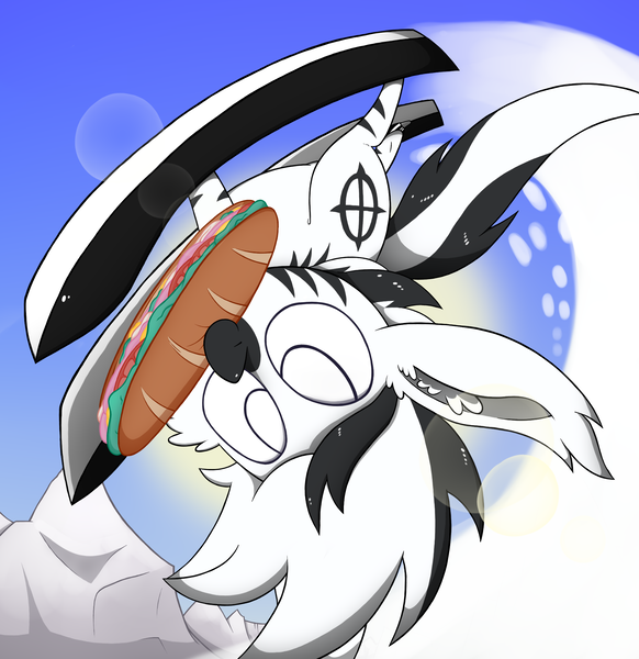 Size: 1997x2057 | Tagged: artist:dragonpone, cheek fluff, derpibooru import, ear fluff, food, lens flare, male, mountain, mouth hold, oc, oc:zot, safe, sandwich, skiing, smiling, snow, solo, subway, sun, unofficial characters only, upside down, zebra, zebra oc