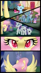 Size: 1024x1820 | Tagged: safe, artist:bonsia-lucky, derpibooru import, fluttershy, pinkie pie, rainbow dash, starlight glimmer, trixie, pony, comic:on your own, age regression, baby, baby dash, baby pie, baby pony, baby trixie, braces, comic, crying, diaper, female, filly, filly starlight glimmer, foal, growth, pacifier, red eyes, stare, the stare, younger