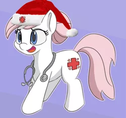 Size: 800x752 | Tagged: safe, alternate version, artist:treekickerdraws, derpibooru import, edit, nurse redheart, pony, adorable face, adoredheart, christmas, cute, female, funny, hat, heartabetes, holiday, mare, open mouth, purple background, santa hat, simple background, smiling, solo, stethoscope