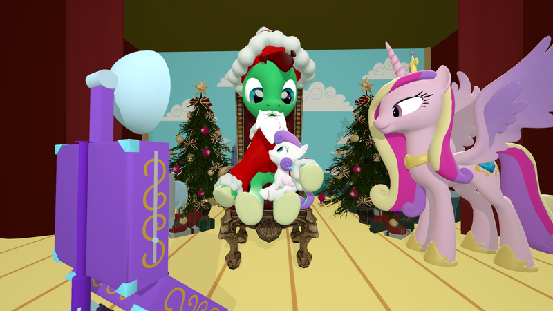 Size: 1920x1080 | Tagged: 3d, artist:mrdoctorderpy, beard, camera, christmas, christmas tree, clothes, costume, derpibooru import, facial hair, fake beard, female, filly, hat, holiday, oc, oc:northern haste, princess cadance, princess flurry heart, safe, santa claus, santa costume, santa hat, source filmmaker, tree