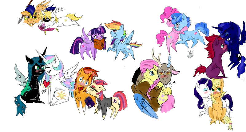 Size: 6000x3214 | Tagged: safe, artist:captainloafnugget, derpibooru import, applejack, discord, fizzlepop berrytwist, flash sentry, fluttershy, moondancer, party favor, pinkie pie, prince blueblood, princess celestia, princess luna, queen chrysalis, rainbow dash, rarity, sunburst, tempest shadow, twilight sparkle, twilight sparkle (alicorn), alicorn, pony, my little pony: the movie, bluesentry, book, chryslestia, discoshy, female, gay, lesbian, male, mane six, partypie, rarijack, shipping, spear, straight, sundancer, tempestluna, twidash, weapon