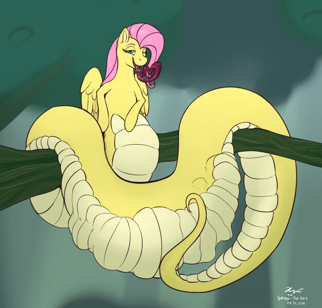 Size: 1280x1226 | Tagged: questionable, artist:xyi, derpibooru import, fluttershy, lamia, original species, drool, eaten, female, fetish, flutterpred, fluttersnake, impossibly long tongue, lamiafied, long tongue, one eye closed, open mouth, species swap, swallowing, tongue out, tree, tree branch, vore