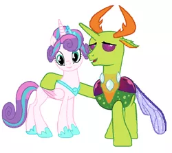 Size: 1050x938 | Tagged: safe, artist:oceanec, derpibooru import, princess flurry heart, thorax, alicorn, changedling, changeling, pony, base used, female, flurrax, hoof shoes, king thorax, male, shipping, side hug, straight