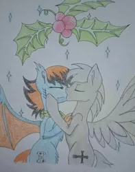 Size: 1586x2012 | Tagged: safe, derpibooru import, oc, oc:blue pixel, oc:silverlining, unofficial characters only, bat pony, gay, holly, holly mistaken for mistletoe, kissing, male, talons, traditional art