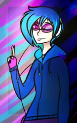 Size: 930x1488 | Tagged: safe, artist:katedoof, derpibooru import, vinyl scratch, human, abstract background, clothes, female, fingerless gloves, gloves, headphones, hoodie, humanized, looking at you, nail polish, one eye closed, peace sign, smiling, solo, sunglasses, tongue out, wink