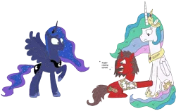 Size: 2898x1830 | Tagged: safe, artist:supahdonarudo, derpibooru import, princess celestia, princess luna, oc, oc:ironyoshi, clinging, clothes, descriptive noise, dialogue, hissing, raised hoof, shirt, surprised