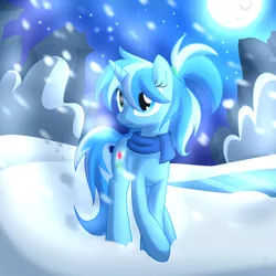 Size: 894x894 | Tagged: safe, artist:kyodashiro, derpibooru import, oc, oc:cold spirea, unofficial characters only, pony, unicorn, clothes, female, mare, moon, scarf, snow, snowfall, solo