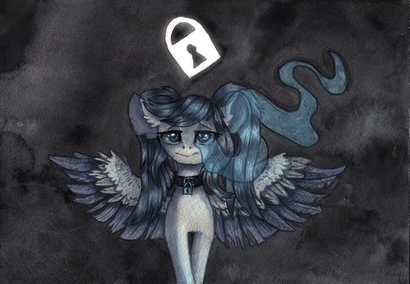 Size: 900x623 | Tagged: safe, artist:rinioshi, derpibooru import, oc, unofficial characters only, pegasus, pony, collar, ear fluff, female, looking at you, mare, padlock, padlocked collar, sad, solo, traditional art