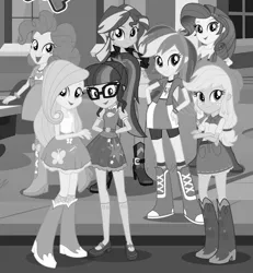 Size: 631x684 | Tagged: safe, derpibooru import, edit, applejack, fluttershy, pinkie pie, rainbow dash, rarity, sci-twi, sunset shimmer, twilight sparkle, equestria girls, black and white, grayscale, humane five, humane seven, humane six, monochrome