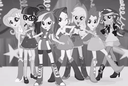 Size: 649x438 | Tagged: safe, derpibooru import, edit, applejack, fluttershy, pinkie pie, rainbow dash, rarity, sci-twi, sunset shimmer, twilight sparkle, equestria girls, black and white, boots, clothes, female, glasses, grayscale, high heel boots, humane five, humane seven, humane six, monochrome, shoes, skirt