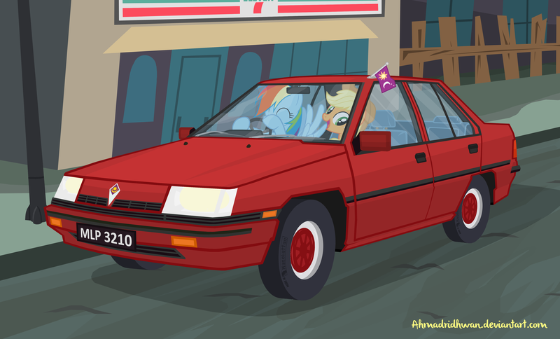 Size: 4300x2600 | Tagged: 7-eleven, applejack, artist:ahmadridhwan, car, city, derpibooru import, driving, manehattan, market, proton, proton saga, rainbow dash, road, safe, show accurate, smiling, vector, vehicle