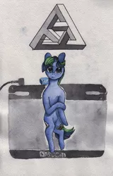 Size: 800x1248 | Tagged: safe, artist:rinioshi, derpibooru import, oc, unofficial characters only, pony, unicorn, broken horn, impossible object, male, modern art, optical illusion, penrose triangle, solo, stallion, tablet, traditional art, wacom, wacom tablet