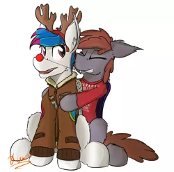 Size: 3000x2980 | Tagged: safe, artist:kamithepony, derpibooru import, oc, oc:kami, oc:lukida, unofficial characters only, bat pony, deer, pegasus, pony, reindeer, antlers, bomber jacket, clothes, jacket, lukami, red nosed reindeer, reindeer antlers, rudolph, sitting, sweater, ugly christmas sweater, wonderbolts