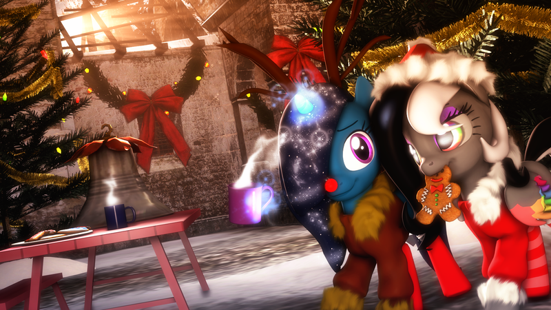 Size: 1920x1080 | Tagged: safe, artist:star-lightstarbright, derpibooru import, oc, oc:iltheas, oc:moonheart, unofficial characters only, pegasus, pony, unicorn, 3d, antlers, christmas, christmas tree, christmas wreath, clothes, coffee, female, gingerbread man, holiday, magic, mare, mouth hold, red nose, reindeer antlers, starry mane, tree