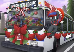 Size: 1200x849 | Tagged: safe, artist:littlehybridshila, derpibooru import, oc, oc:smooth walker, unofficial characters only, pony, bus, bust, christmas, holiday, male, philadelphia, septa, smiling, stallion