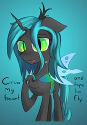 Size: 1622x2329 | Tagged: artist:creepypastapon3, changeling, changeling queen, derpibooru import, dialogue, gradient background, hoof on chest, pinkie promise, queen chrysalis, safe, solo