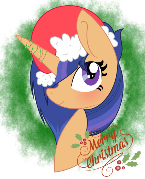 Size: 1553x1925 | Tagged: safe, artist:winglightyt, derpibooru import, oc, oc:velvet sentry, unofficial characters only, unicorn, bust, christmas, female, hat, holiday, holly, mare, offspring, parent:flash sentry, parent:twilight sparkle, parents:flashlight, portrait, santa hat, simple background, solo, transparent background