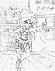 Size: 2550x3316 | Tagged: safe, artist:artponymdp, derpibooru import, sunset shimmer, equestria girls, armpits, christmas, christmas stocking, clothes, fireplace, high res, holiday, lineart, monochrome, sketch, socks, solo, traditional art, window, wreath