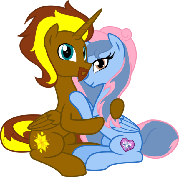 Size: 900x888 | Tagged: safe, artist:nstone53, derpibooru import, oc, oc:prince cosmic light, oc:princess sorraia, unofficial characters only, alicorn, pony, 2018 community collab, derpibooru community collaboration, alicorn oc, embrace, female, male, shipping, simple background, sitting, sorright, straight, transparent background