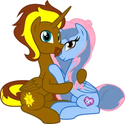 Size: 900x888 | Tagged: safe, artist:nstone53, derpibooru import, oc, oc:prince cosmic light, oc:princess sorraia, unofficial characters only, alicorn, pony, 2018 community collab, derpibooru community collaboration, alicorn oc, embrace, female, male, shipping, simple background, sitting, sorright, straight, transparent background