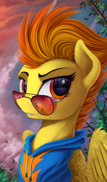 Size: 819x1382 | Tagged: safe, artist:yakovlev-vad, derpibooru import, edit, spitfire, pony, bust, clothes, cropped, female, hoodie, looking at you, mare, smiling, solo, sunglasses