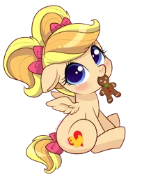 Size: 600x737 | Tagged: safe, artist:mimijuliane, derpibooru import, oc, oc:mimi, unofficial characters only, pegasus, pony, bow, cookie, cute, female, filly, food, gingerbread man, hair bow, looking at you, mouth hold, ocbetes, simple background, solo, tail bow, transparent background