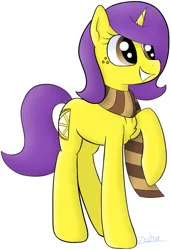 Size: 873x1277 | Tagged: safe, artist:zephyrforart, derpibooru import, oc, oc:lemontwist, unofficial characters only, unicorn, clothes, female, fluffy, food, freckles, lemon, mare, scarf