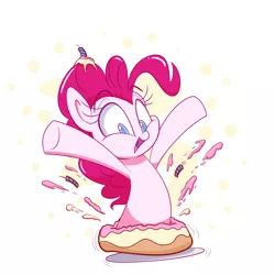 Size: 800x800 | Tagged: safe, artist:heir-of-rick, derpibooru import, pinkie pie, earth pony, pony, abstract background, cake, candle, cute, female, food, jumping out of cake, mare, open mouth, smiling, solo