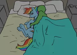 Size: 1152x823 | Tagged: safe, artist:ara, color edit, derpibooru import, edit, rainbow dash, oc, oc:anon, human, pegasus, pony, bed, colored, cuddling, female, human on pony snuggling, image, jpeg, mare, pillow, snuggling, spooning, underhoof