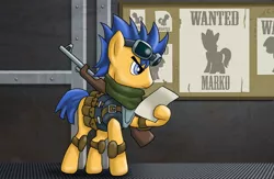 Size: 1600x1046 | Tagged: artist:brony-commentator, artist:drawponies, bounty hunter, clothes, commission, derpibooru import, fallout, fallout equestria, flash sentry, goggles, gun, rifle, safe, scarf, solo, wanted poster, weapon