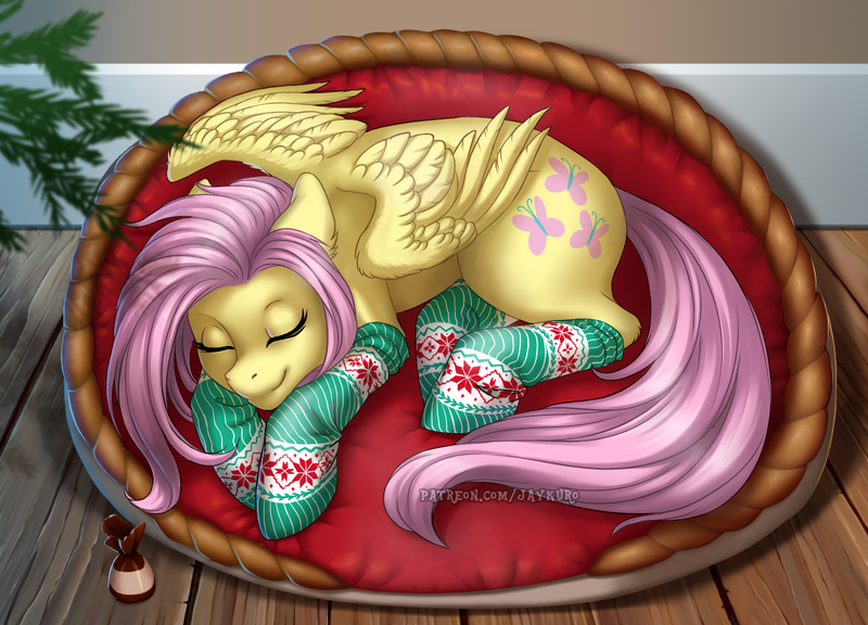 Size: 1295x932 | Tagged: safe, artist:jay-kuro, derpibooru import, fluttershy, pegasus, pony, christmas, christmas tree, clothes, cute, female, holiday, mare, shyabetes, sleeping, smiling, socks, solo, stockings, thigh highs, tree