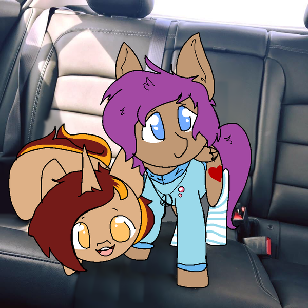 Size: 960x960 | Tagged: safe, artist:nootaz, derpibooru import, oc, oc:honey fall, oc:hotshot, unofficial characters only, pony, car, irl, photo, ponies in real life, seatbelt