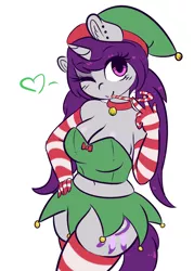 Size: 3289x4603 | Tagged: adorasexy, anthro, artist:wickedsilly, belly button, breasts, candy, candy cane, cleavage, clothes, costume, cute, derpibooru import, ear fluff, elf costume, evening gloves, female, food, gloves, hand on hip, heart, long gloves, looking at you, midriff, miniskirt, moe, oc, oc:wicked silly, one eye closed, pigtails, sexy, simple background, skirt, smiling, socks, solo, solo female, striped socks, suggestive, thigh highs, thighs, twintails, unofficial characters only, white background, wink