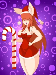 Size: 3000x4000 | Tagged: absolute cleavage, anthro, anthro oc, artist:jcace, big breasts, breasts, candy, candy cane, christmas, cleavage, clothes, costume, derpibooru import, ear fluff, female, food, hair over eyes, hat, holiday, mare, oc, oc:kiwi jiao, open mouth, santa costume, santa hat, sexy, sexy santa costume, solo, solo female, strapless, suggestive, unofficial characters only