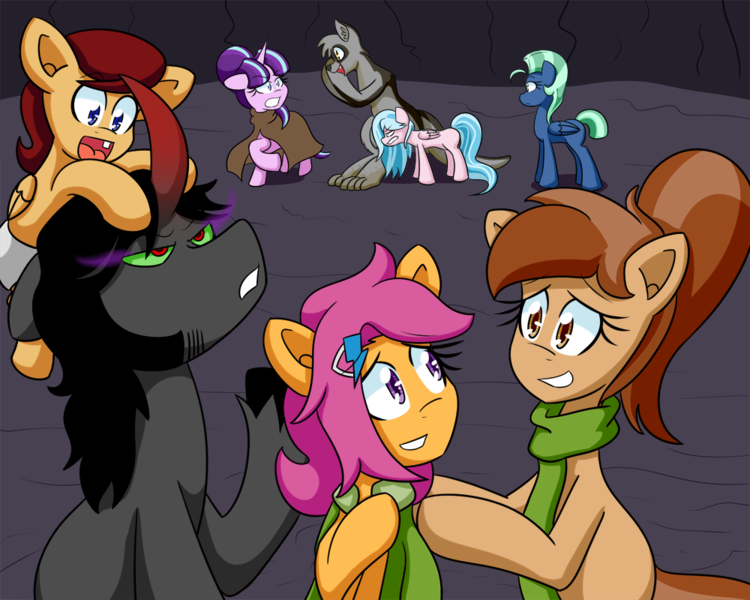 Size: 1000x800 | Tagged: safe, artist:jake heritagu, artist:wiggles, derpibooru import, king sombra, scootaloo, starlight glimmer, oc, oc:coffee talk, oc:drizzle, oc:freckles, oc:lightning blitz, oc:sea breeze, diamond dog, pegasus, pony, wolf, ask king sombra, comic:ask motherly scootaloo, baby, baby pony, cloak, clothes, colt, crystal wolf, diamond dog oc, hairpin, male, motherly scootaloo, offspring, older, older scootaloo, parent:rain catcher, parent:scootaloo, parents:catcherloo, pony hat, scarf