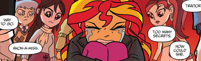 Size: 832x252 | Tagged: source needed, safe, derpibooru import, bright idea, rose heart, sunset shimmer, velvet sky, equestria girls, spoiler:comic, spoiler:comicholiday2014, background human, crying, despair, sad