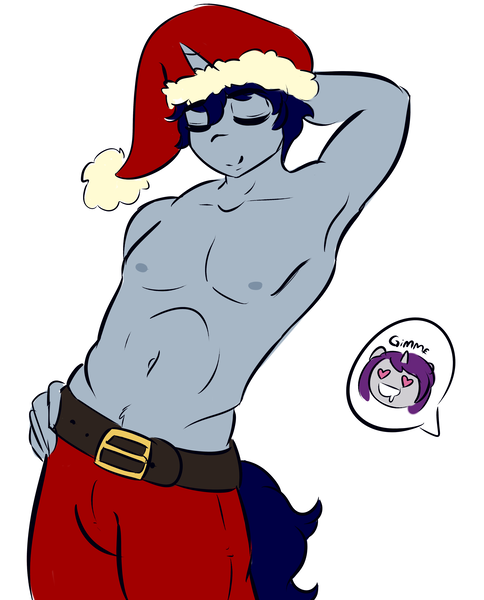 Size: 3651x4530 | Tagged: anthro, arm behind head, armpits, artist:wickedsilly, christmas, clothes, derpibooru import, drool, female, hat, heart eyes, holiday, male, oc, oc:sleepy head, oc:wicked silly, oc x oc, partial nudity, santa hat, shipping, straight, suggestive, topless, unofficial characters only, wickedsleepy, wingding eyes