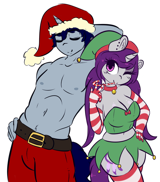 Size: 3992x4542 | Tagged: alternate version, anthro, arm behind head, armpits, artist:wickedsilly, breasts, candy, candy cane, christmas, cleavage, clothes, costume, derpibooru import, elf costume, evening gloves, eyes closed, female, food, gloves, hat, holiday, long gloves, male, midriff, miniskirt, oc, oc:sleepy head, oc:wicked silly, oc x oc, one eye closed, peace sign, santa hat, shipping, simple background, skirt, socks, straight, striped socks, suggestive, thigh highs, thighs, unofficial characters only, white background, wickedsleepy, wink