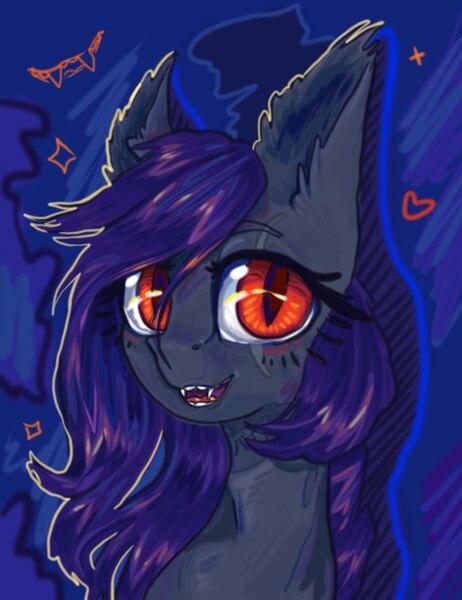 Size: 1662x2160 | Tagged: safe, artist:rinioshi, derpibooru import, oc, unofficial characters only, bat pony, pony, bat pony oc, blushing, bust, ear fluff, fangs, female, heart, mare, open mouth, portrait, red eyes, slit eyes, solo