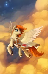 Size: 2000x3105 | Tagged: safe, artist:1jaz, derpibooru import, oc, oc:sacred heart, unofficial characters only, pegasus, pony, clothes, cloud, colored wings, colored wingtips, commission, doctor, ear piercing, earring, flying, jewelry, male, piercing, red cross, sky, solo, stallion, windswept mane