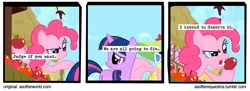 Size: 720x261 | Tagged: apple, artist:asofterequestria, a softer world, comic, comic:a softer equestria, derpibooru import, eating, edit, edited screencap, fluttershy, food, green isn't your color, pinkie pie, safe, screencap, screencap comic, twilight sparkle